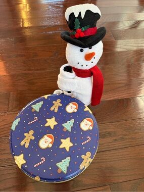 Snowman Wine Bottle Hugger and Holiday Cookie Tin